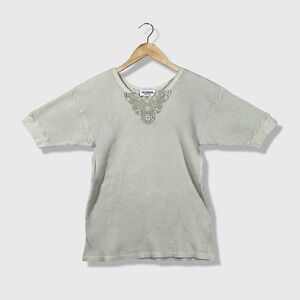 Vintage Kleids Waffle Knit Top One Size Green Floral Lace Boho Cottagecore Cozy